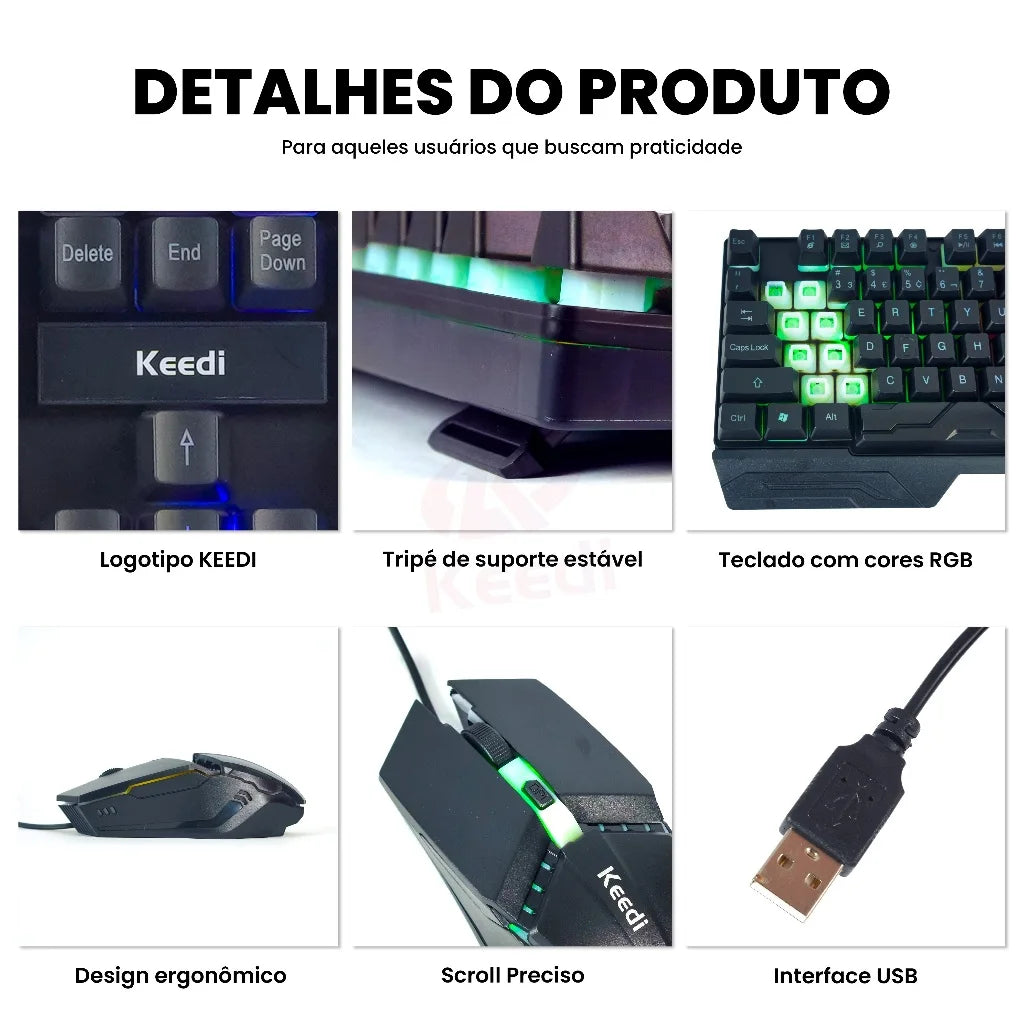 Kit Teclado Mouse com Fio Gamer RGB Keedi TEC808