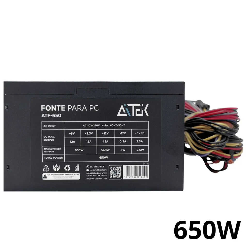 500W PC Source or 650W Automatic Bivolt with 120mm Silent Fan and SATA Connectors