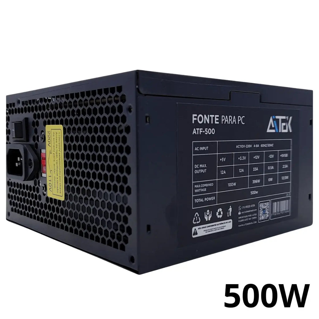 500W PC Source or 650W Automatic Bivolt with 120mm Silent Fan and SATA Connectors