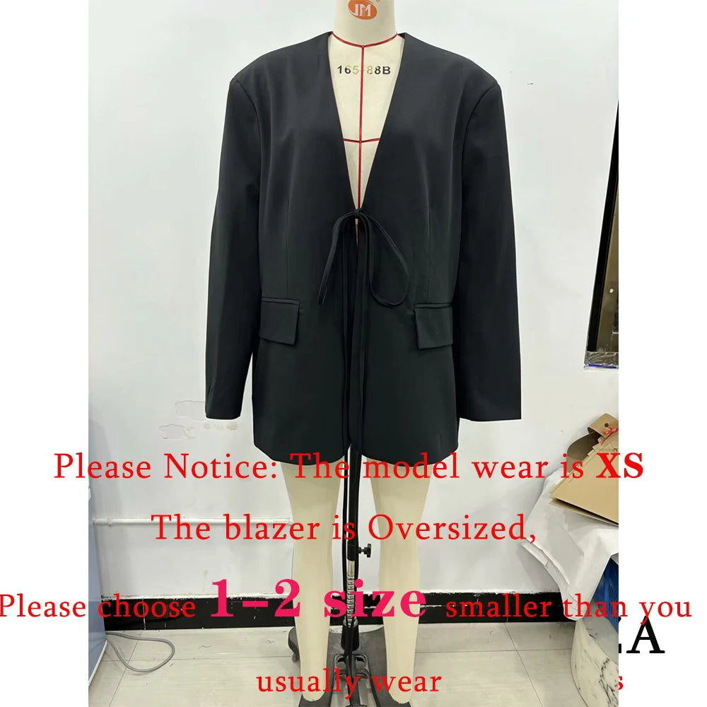 KONDALA Casual Oversized Black Blazer Women V Neck Bow Tie Pockets Loose Jackets Fashion 2025 Fall Streetwear Women Outwears