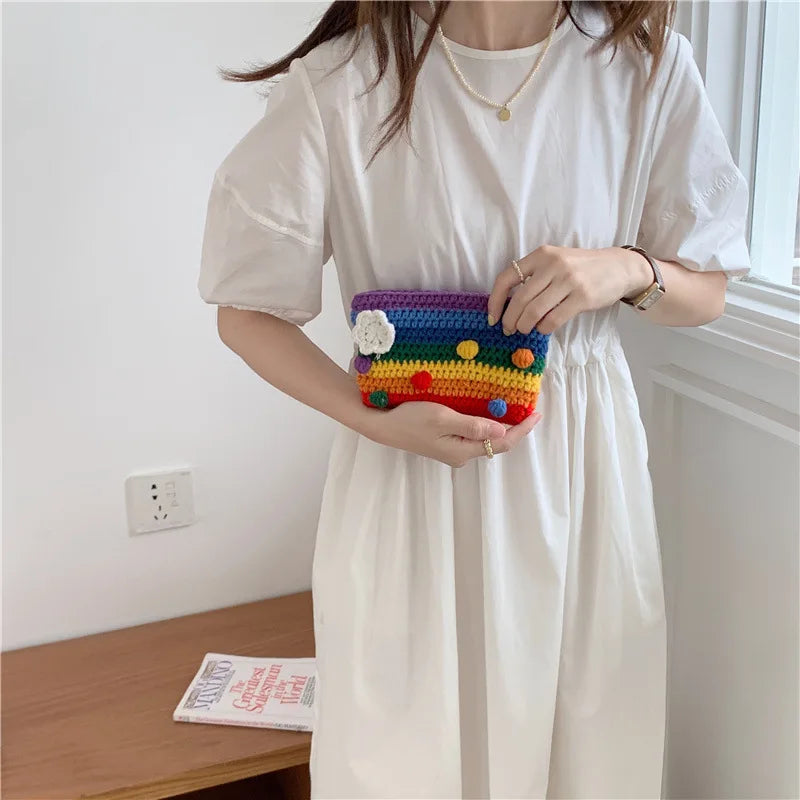 Youda New Design Knitted Rainbow Colors Women Shoulder Bags Classic Large Shopping Bag Casual Ladies Handbags for Girls Tote