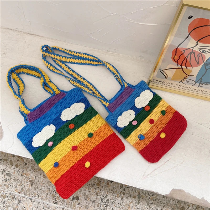 Youda New Design Knitted Rainbow Colors Women Shoulder Bags Classic Large Shopping Bag Casual Ladies Handbags for Girls Tote