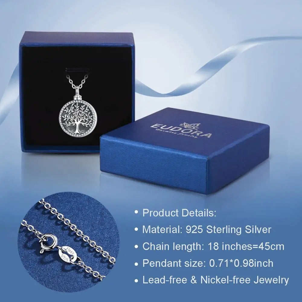 Eudora 925 Sterling Silver Tree of Life Necklace Cremation Memorial Ashes Urn pendant Keepsake Jewelry Gift for Women Men