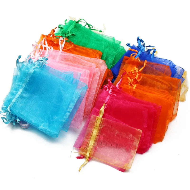 50pcs/lot 7x9cm 9x12cm 10x15 13x18cm Drawstring Organza Gift Bags Jewelry Packaging Bag Wedding Party Packaging Present Pouches