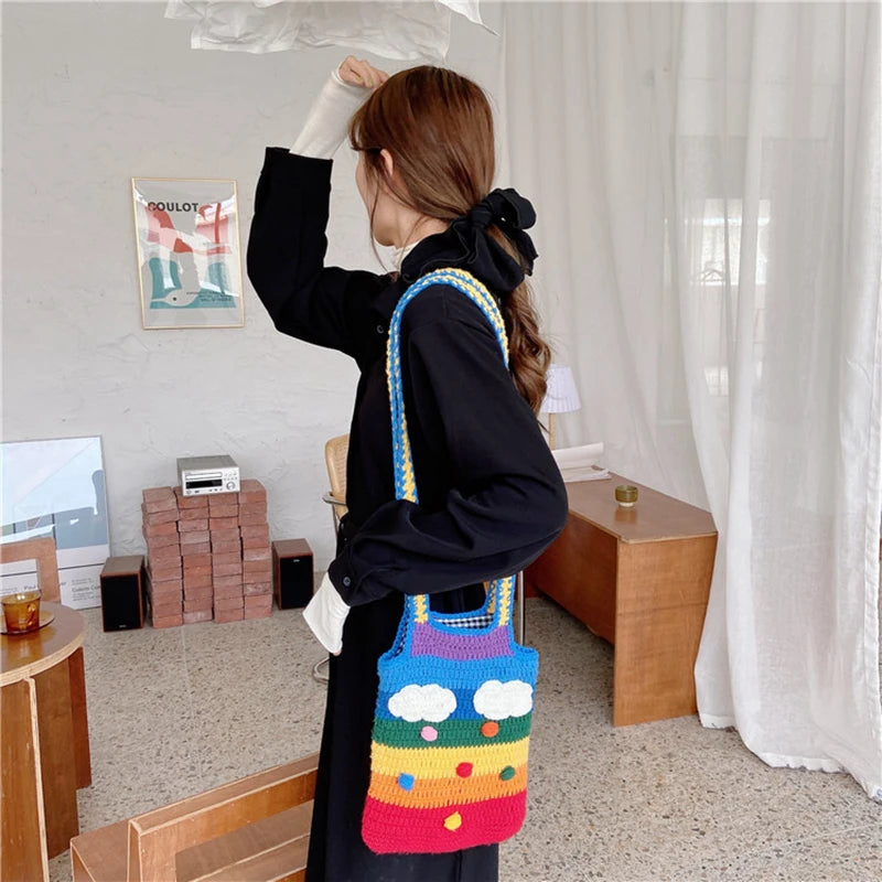 Youda New Design Knitted Rainbow Colors Women Shoulder Bags Classic Large Shopping Bag Casual Ladies Handbags for Girls Tote