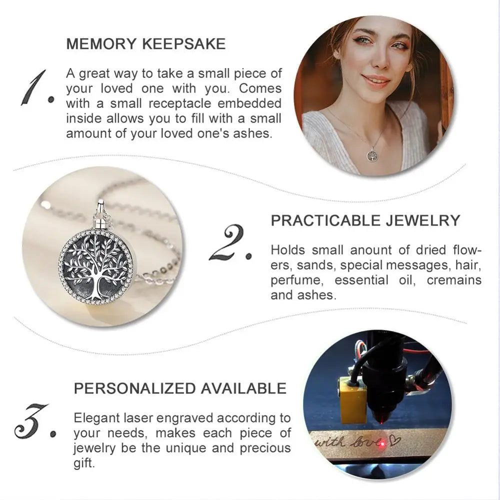 Eudora 925 Sterling Silver Tree of Life Necklace Cremation Memorial Ashes Urn pendant Keepsake Jewelry Gift for Women Men