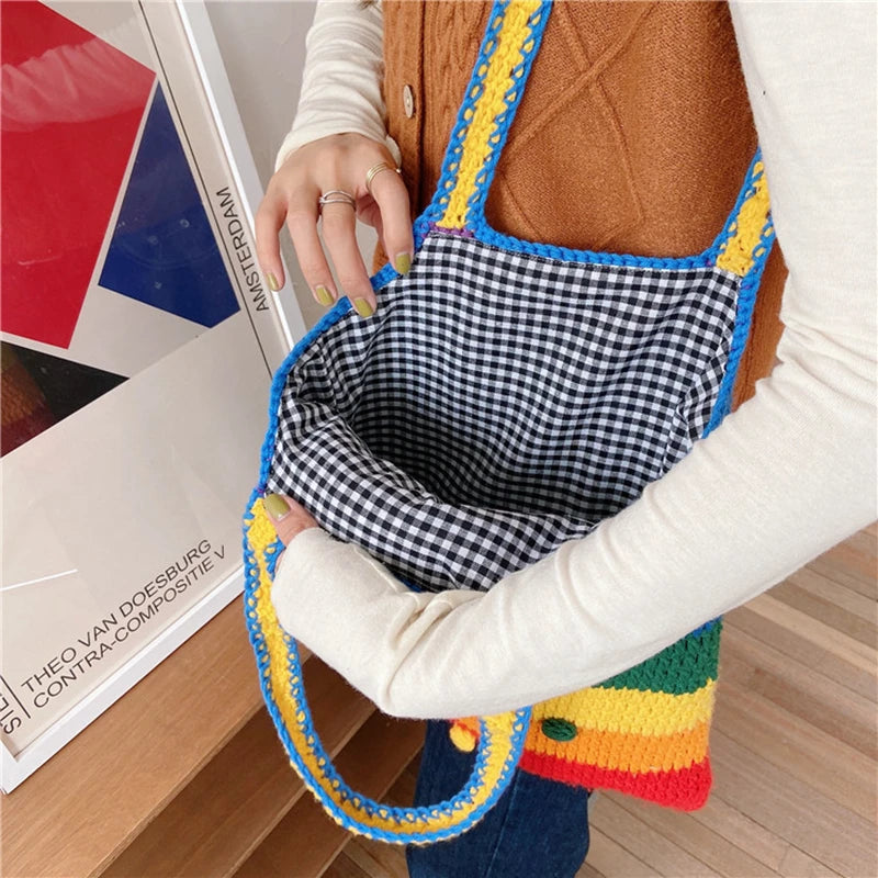 Youda New Design Knitted Rainbow Colors Women Shoulder Bags Classic Large Shopping Bag Casual Ladies Handbags for Girls Tote