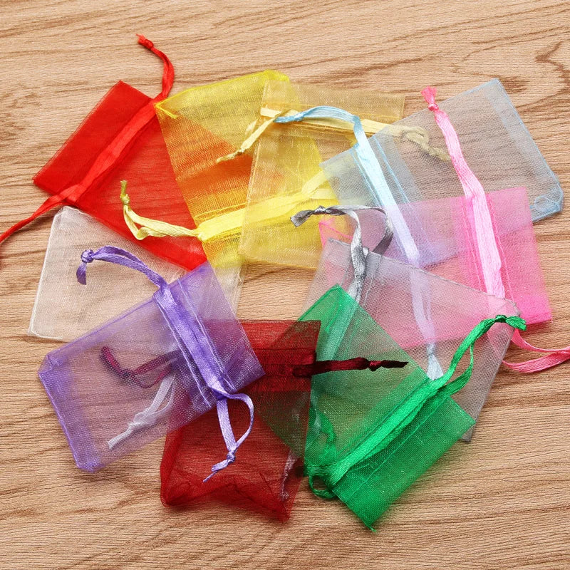 50pcs/lot 7x9cm 9x12cm 10x15 13x18cm Drawstring Organza Gift Bags Jewelry Packaging Bag Wedding Party Packaging Present Pouches