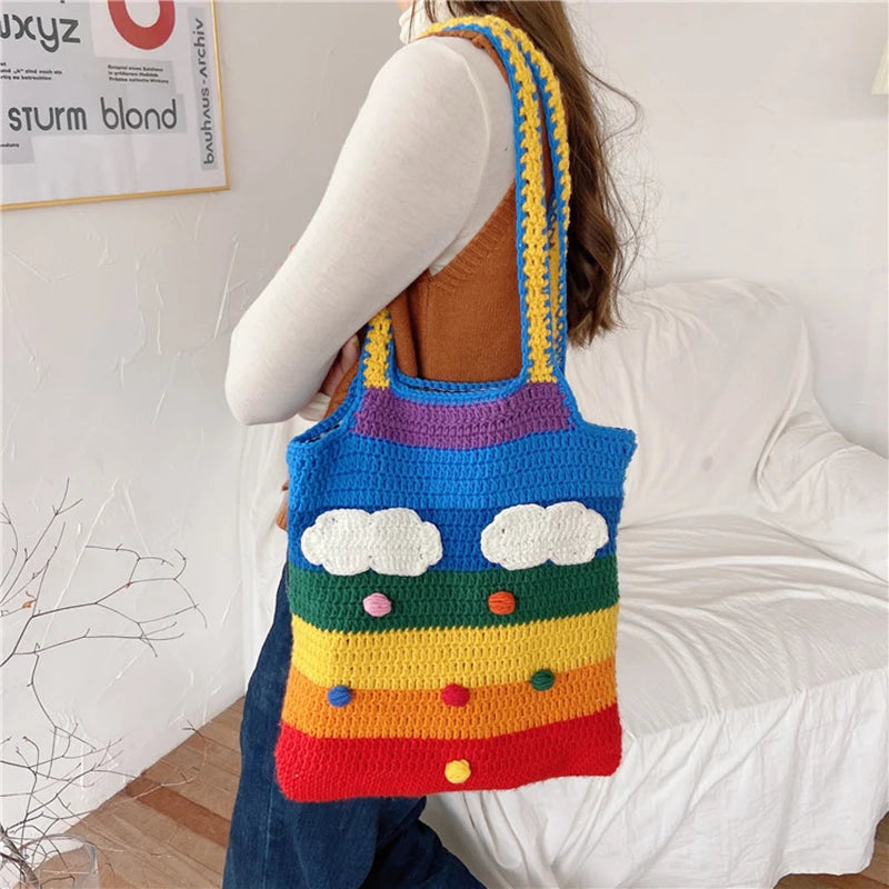 Youda New Design Knitted Rainbow Colors Women Shoulder Bags Classic Large Shopping Bag Casual Ladies Handbags for Girls Tote