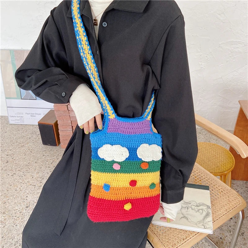 Youda New Design Knitted Rainbow Colors Women Shoulder Bags Classic Large Shopping Bag Casual Ladies Handbags for Girls Tote