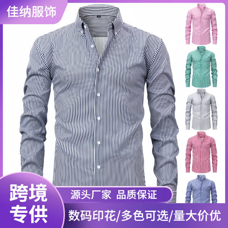Cross-border four-sided digital printing striped long sleeve lapel men's shirt senior sense men's shirt men's wholesale