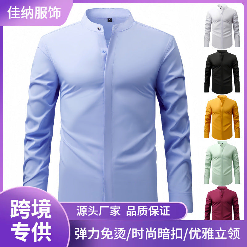 Men's Retro Collar Long Sleeve Shirt Elastic Spring and Autumn Business Casual Cross-border Hot Foreign Trade Shirt New Top