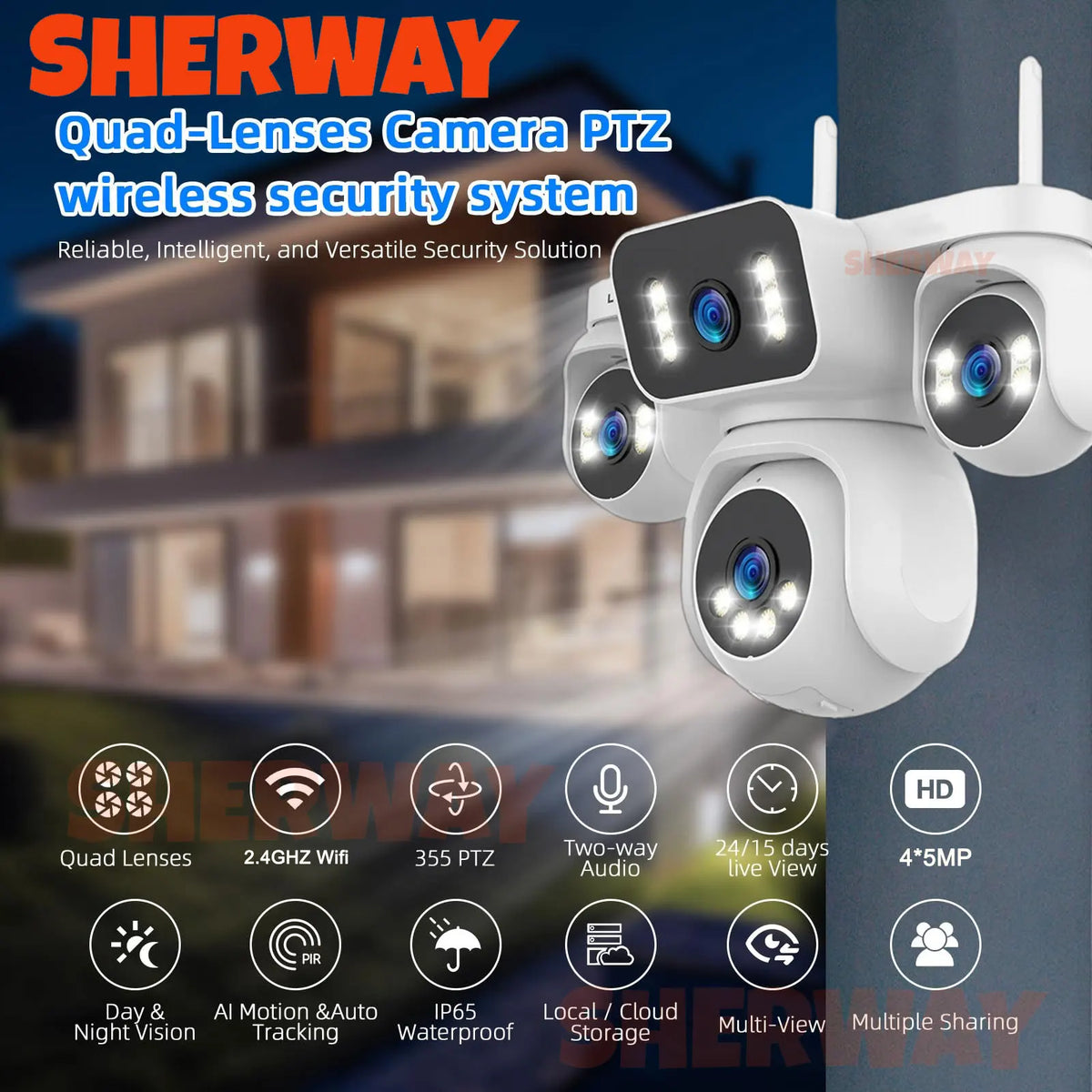 10K 20MP WiFi Security Camera Outdoor 16X Zoom 4 Lens 4 Screen 360° PTZ Camera IR Color Night Vision CCTV Wireless Surveillance