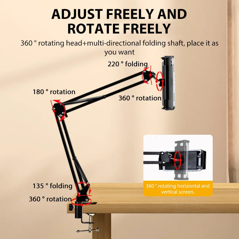 Rotatable Tablet Stand Phone Stand Long Arm Metal 360° Adjustable Holder For iPad for 4 to 11 inch Xiaomi iPhone Huawei Samsung