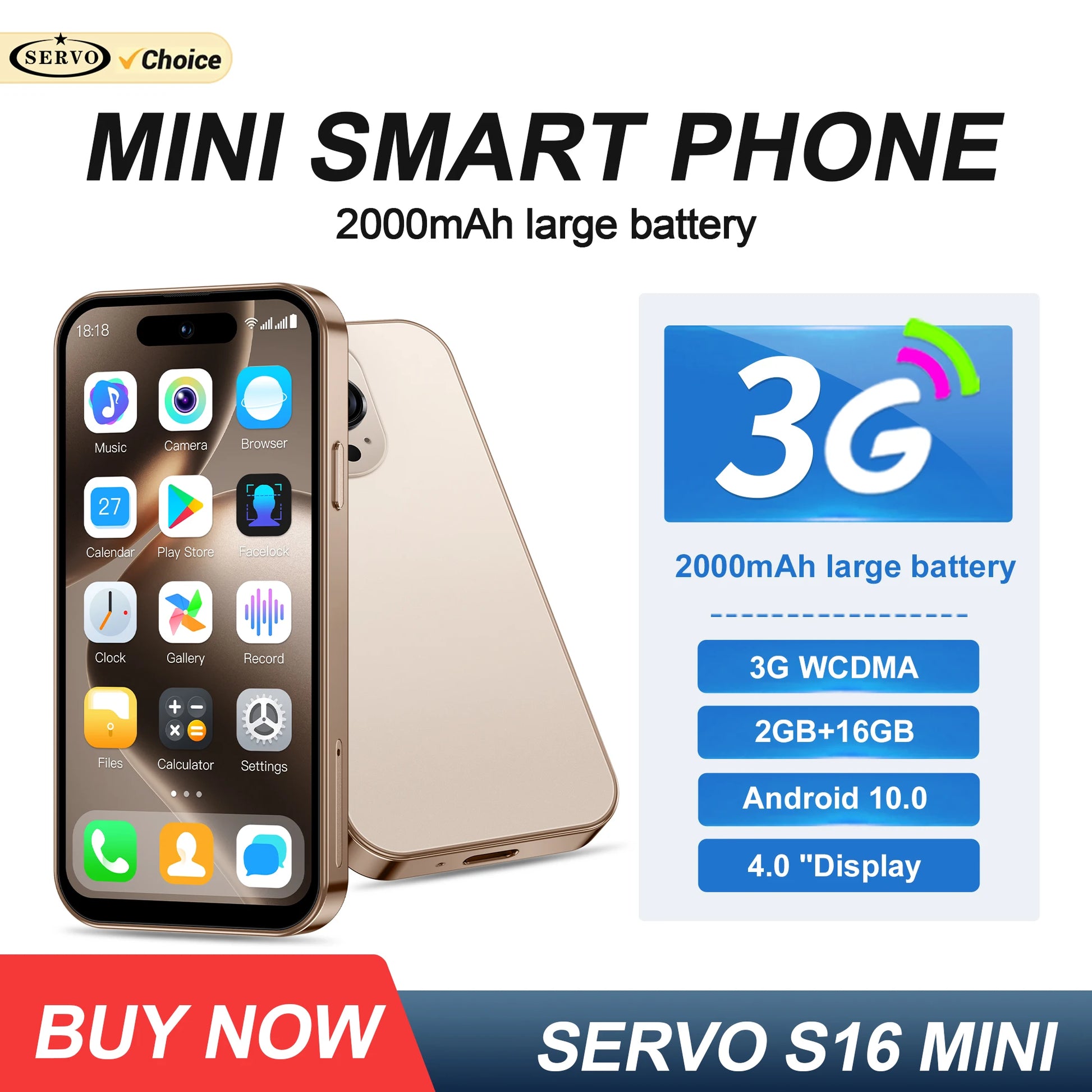 SERVO Mini Android Smartphone Dual SIM RAM 2GB ROM 16GB 3G WCDMA Play Store WiFi Hotspot Face Unlock 4.0" Small Size Smart Phone