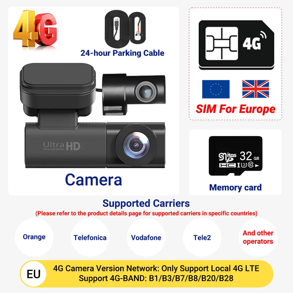 PEGATAH 4G LTE Dashcam GPS Remote Connection Live-View 4K Dual Lens Car Camera 24H Parking Collision Warning Car Video Recorder