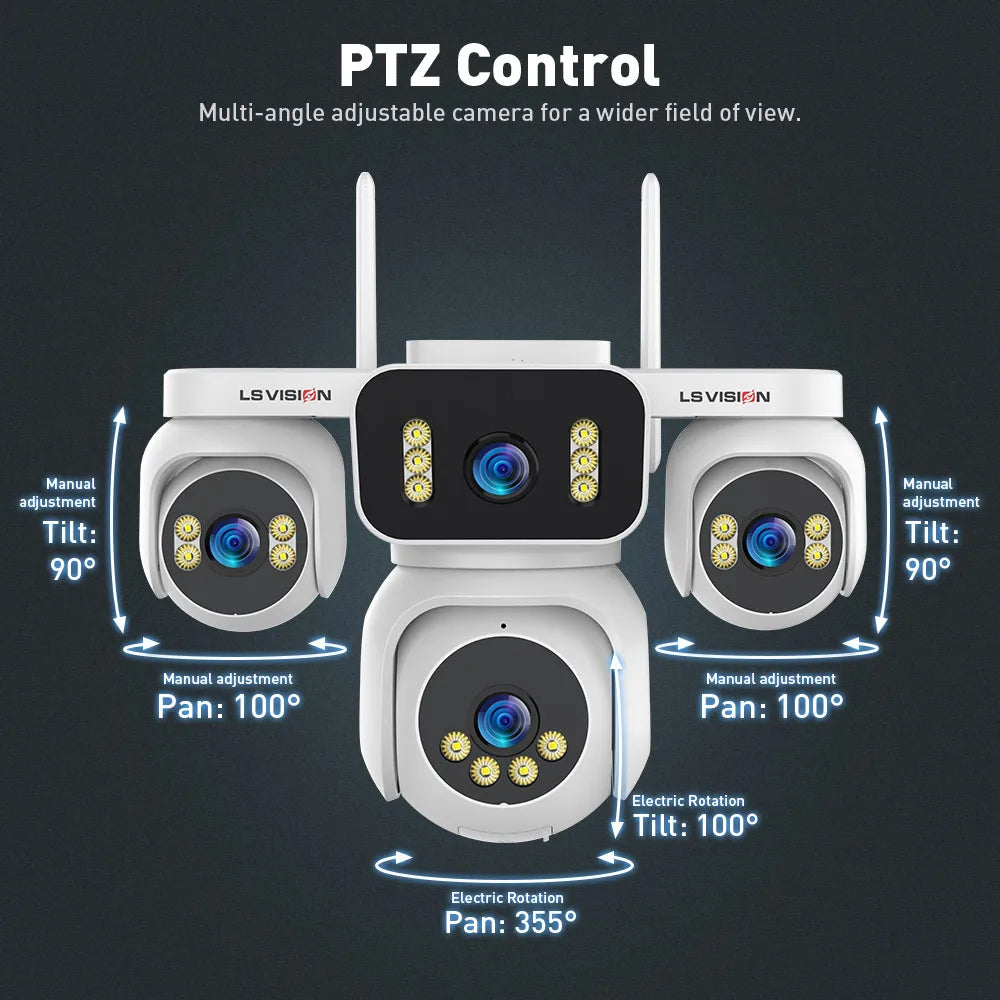 LS VISION 10K 20MP Four Screens WiFi Security Camera Outdoor Four Lens 12X Optical Zoom Two Way Audio Auto Tracking CCTV Cameras