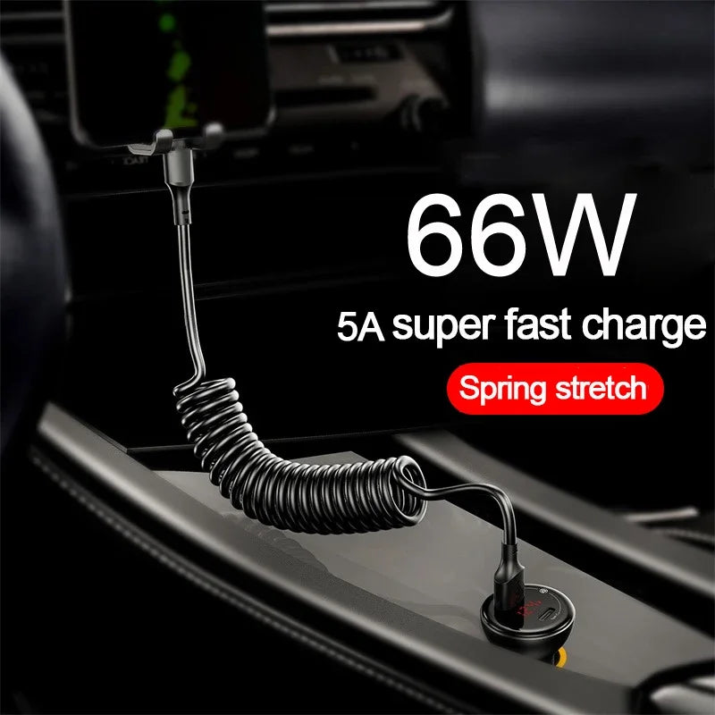 Spring Telescopic Cable For iPhone 15 14 Samsung Xiaomi OnePlusCar USB Type C 66W & LIGHTNING PD Fast Charging Type C to Type C
