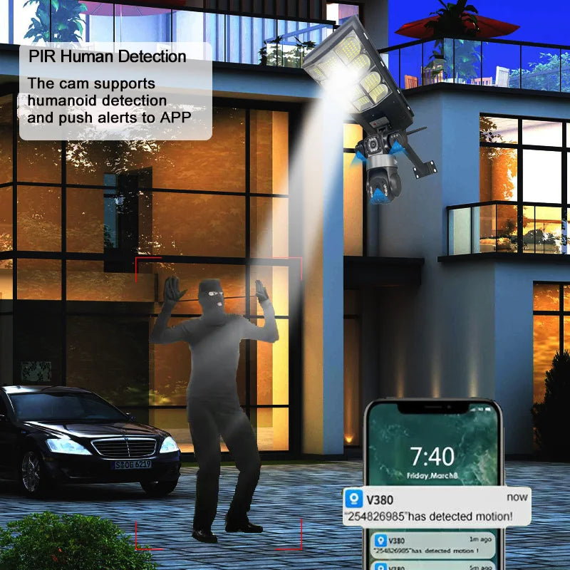 4G Solar Camera V380 Pro 3 Lens LED Street Lamp CCTV AI Human Detection Surveillance Waterproof Outdoor Monitor Built-in Battery