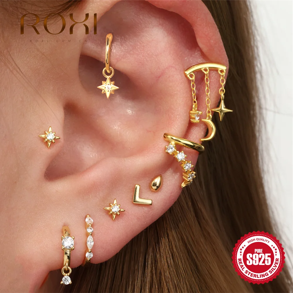 ROXI 925 Sterling Silver Star Moon Tassel Piercing Earrings for Women Classic Mini Shiny Earrings Threadless Push In Hidden Stud