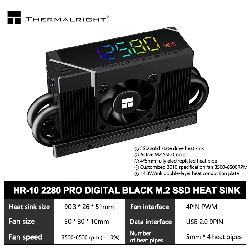 Thermalright HR-10 2280 PRO Digital Display M.2 SSD SSD Solid State Drive Heat Sink 4X5mm Heatpipes 3cm Fan Support PCI-E5.0