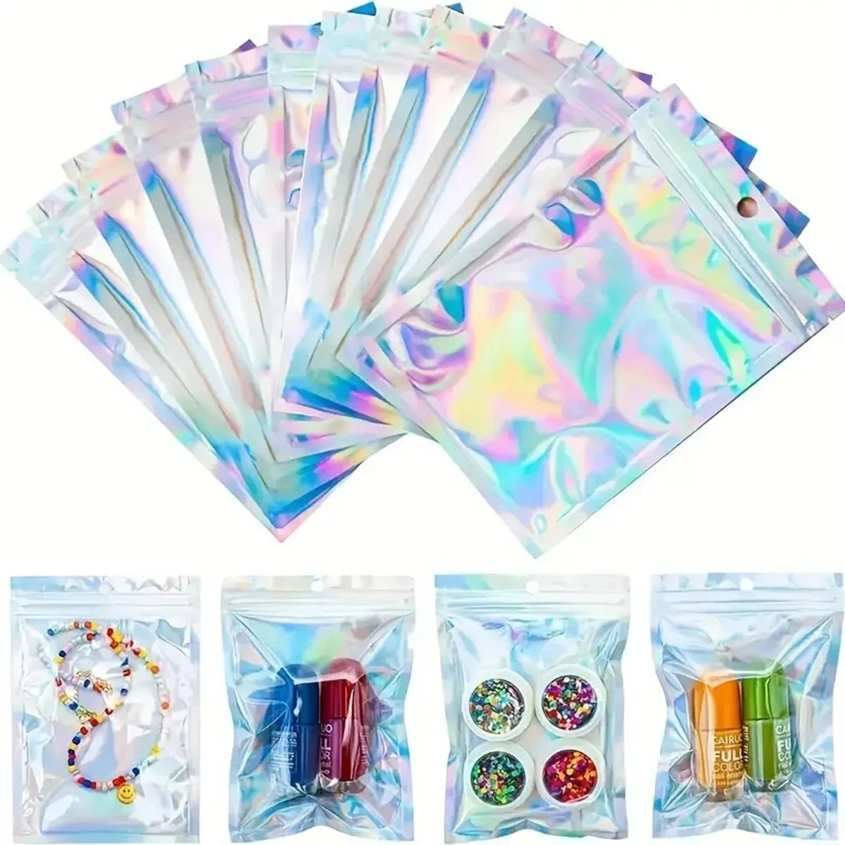 100pcs Holographic Bag Laser Rainbow Pattern Self Sealing Bag Candy Bag Front Window Sample Jewelry Packaging Plastic Pouch