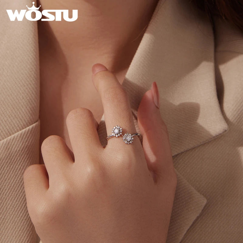WOSTU 925 Silver Snowflake Ring For Women , Shiny AAA Zircon Double Snow Flower Winter Wedding Xmas Jewelry Gift Party Gift