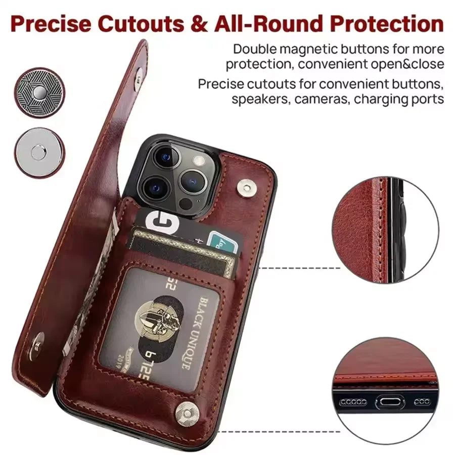 Luxury PU Leather Wallet Case For iPhone 16 15 14 13 12 11 Pro Max SE X XR XS Max 8 7 Plus Kickstand Card Holder Slots Cover