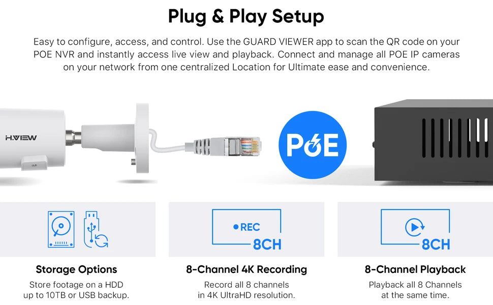 H.View 4K 8Ch Poe Nvr Cctv Security System H.265 Video Audio Recorder 8Mp Network Surveillance For Poe Ip Camera Onvif