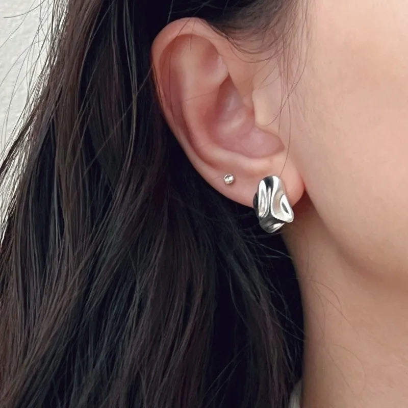 PANJBJ 925 Sterling Silve Crinkled Texture Studs Earring for Women Vintage Irregular Frosting Jewelry Party Gift Dropshipping