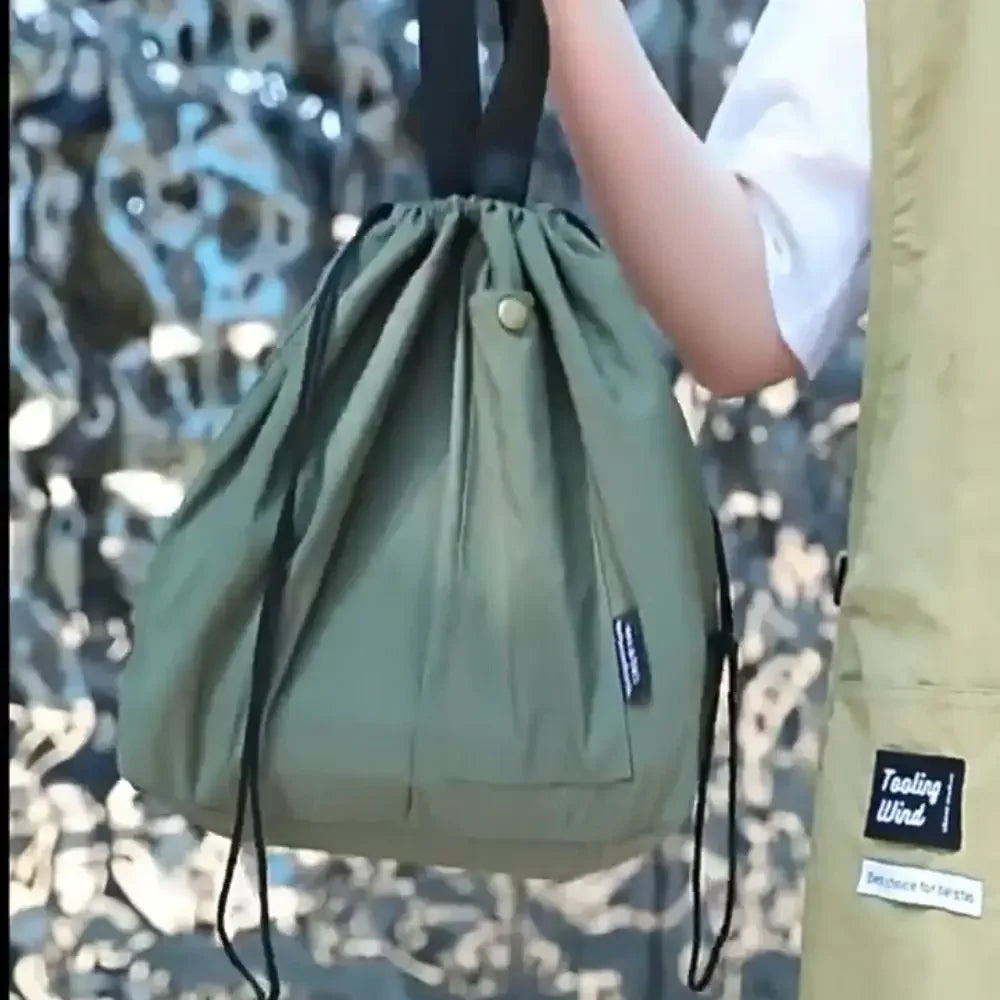 Durable Nylon+Polyester Lunch Bags Green Khaki Black Large Capacity Thermal Insulation Bag Drawstring Lunch Pack Outdoor