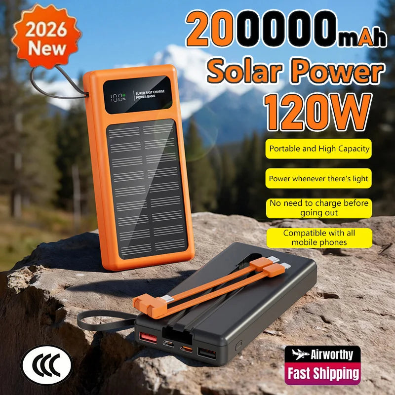 200000mAh Solar Power Bank Built 2 in1 Cable 120W Fast Charging Portable Solar Phone Charger Digital Display External Battery