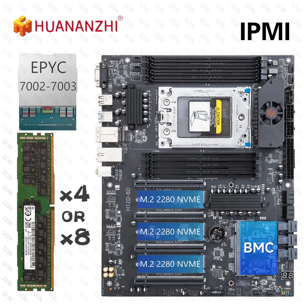 HUANANZHI H12D-8D Motherboard Set EPYC Server Kit with IPMI AMD EPYC 7002 7003 Series CPU 8 Channel Memory Dual 2.5G Network