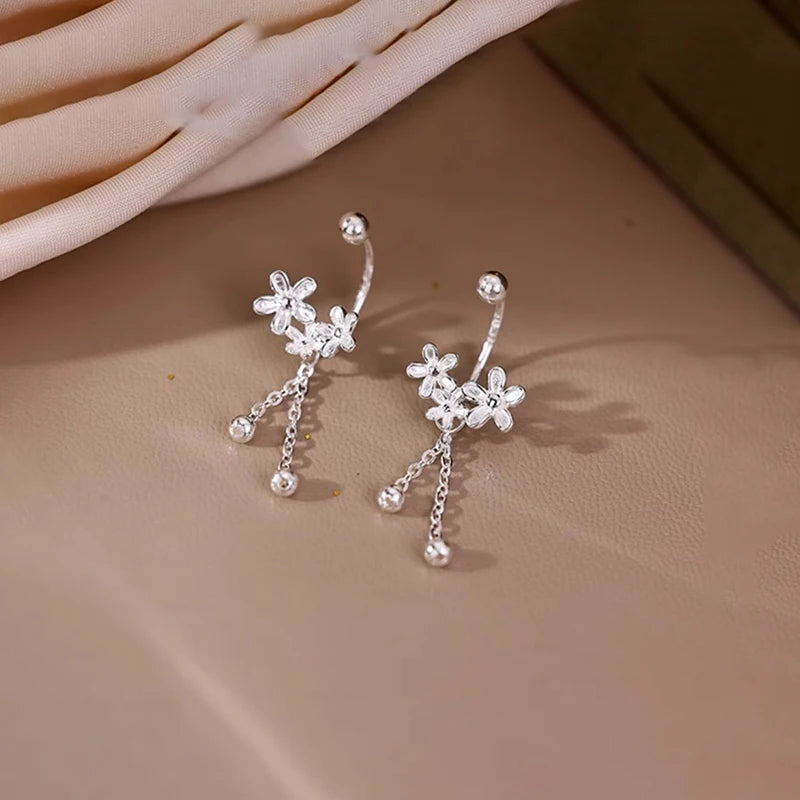 Real 925 Sterling Silver Flower Bead Screw Chain Tassel Plant Stud Earrings For Women Cute Fine Jewelry Light Luxury Accessories