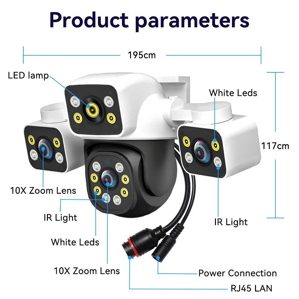 12MP 10X Zoom Outdoor WiFi Camera Three Screen Three Lens PTZ Automatic Tracking Audible Visual Alarm Security Camera