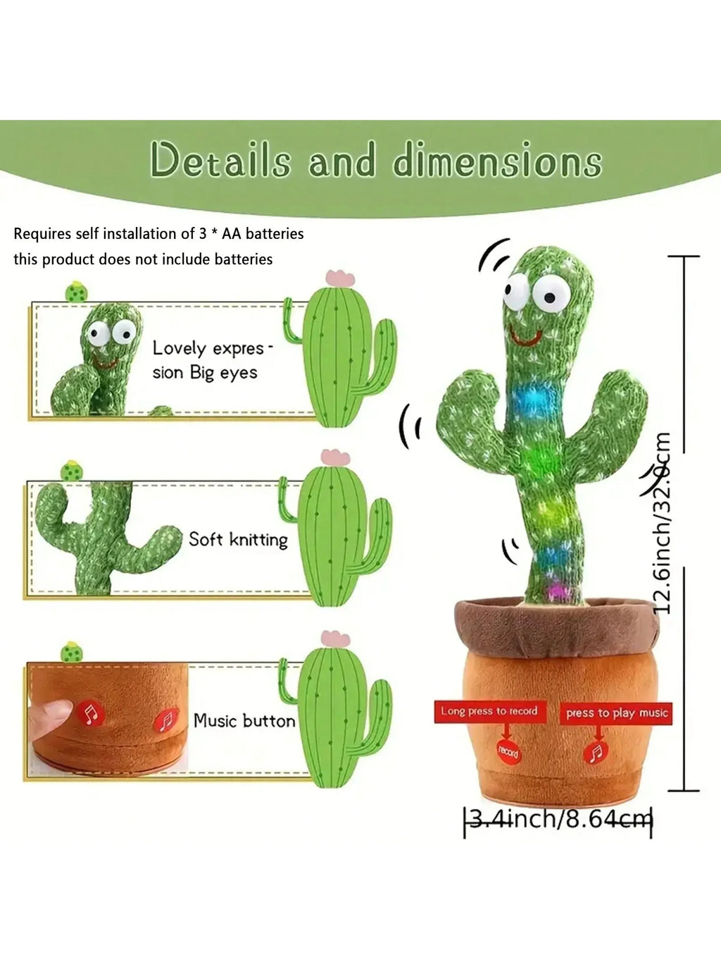 1pc-A Talking Cactus Toy That Can Be Charged Recorded And Repeated Suitable For Spanish English And Arabic Voice Changer