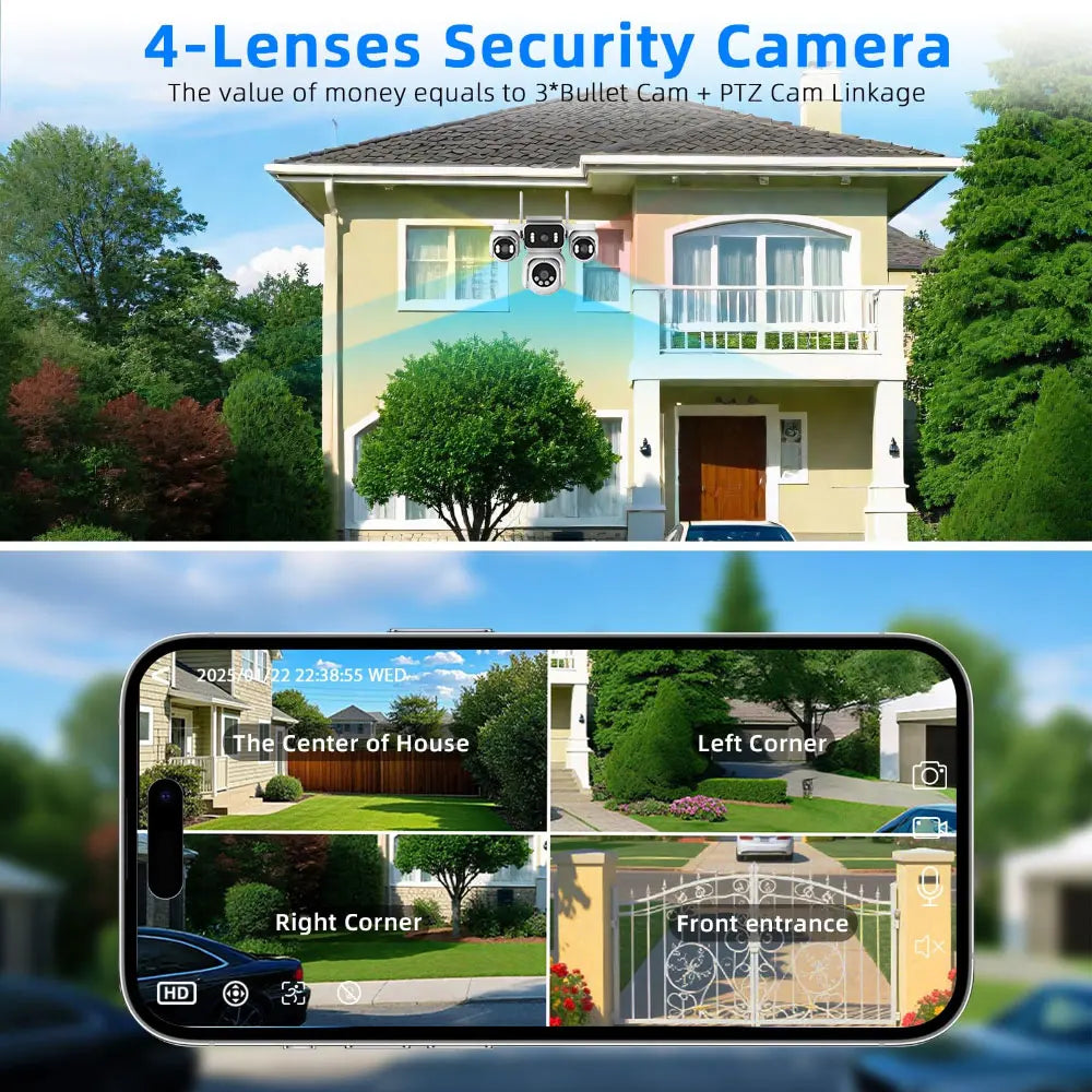 10K 20MP WiFi Security Camera Outdoor 16X Zoom 4 Lens 4 Screen 360° PTZ Camera IR Color Night Vision CCTV Wireless Surveillance