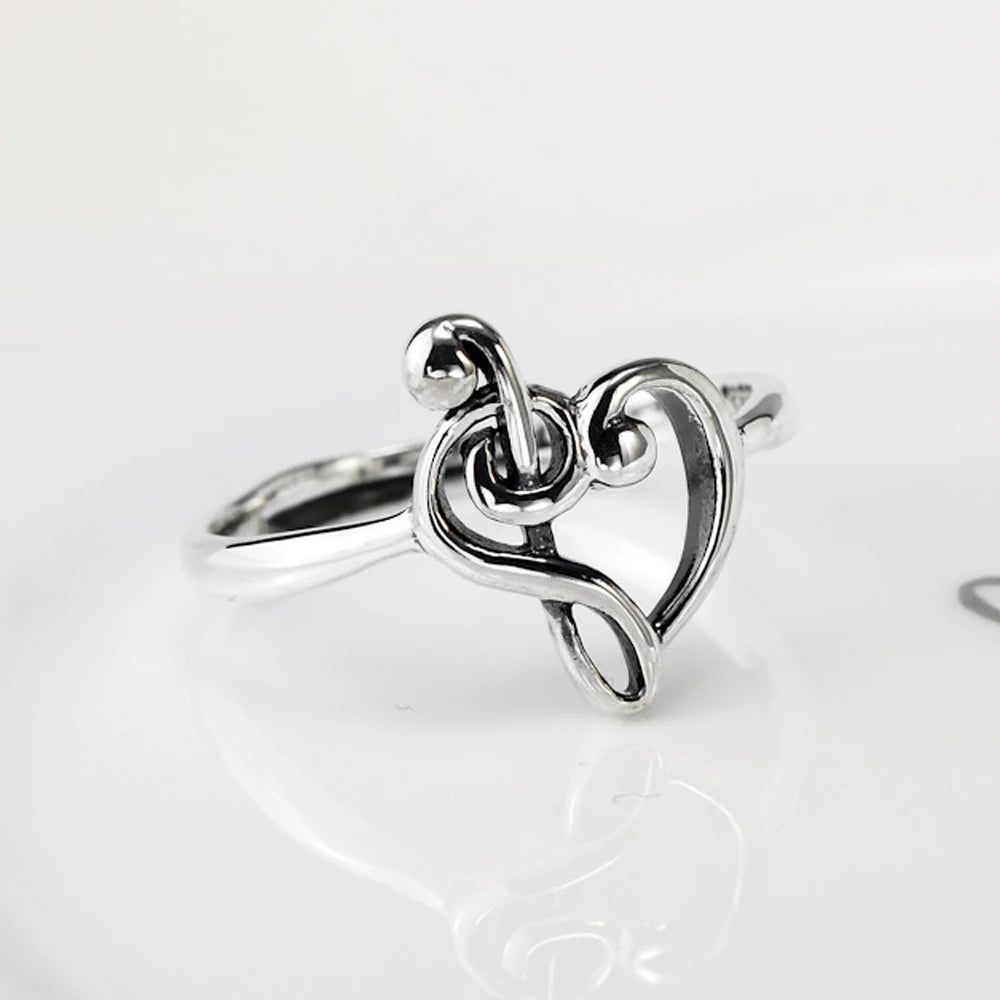 Moonmory 925 Sterling Silver Music Note Heart Adjustable Rings Treble Clef Jewelry Heart Charm Music Ring Gift For Women Female