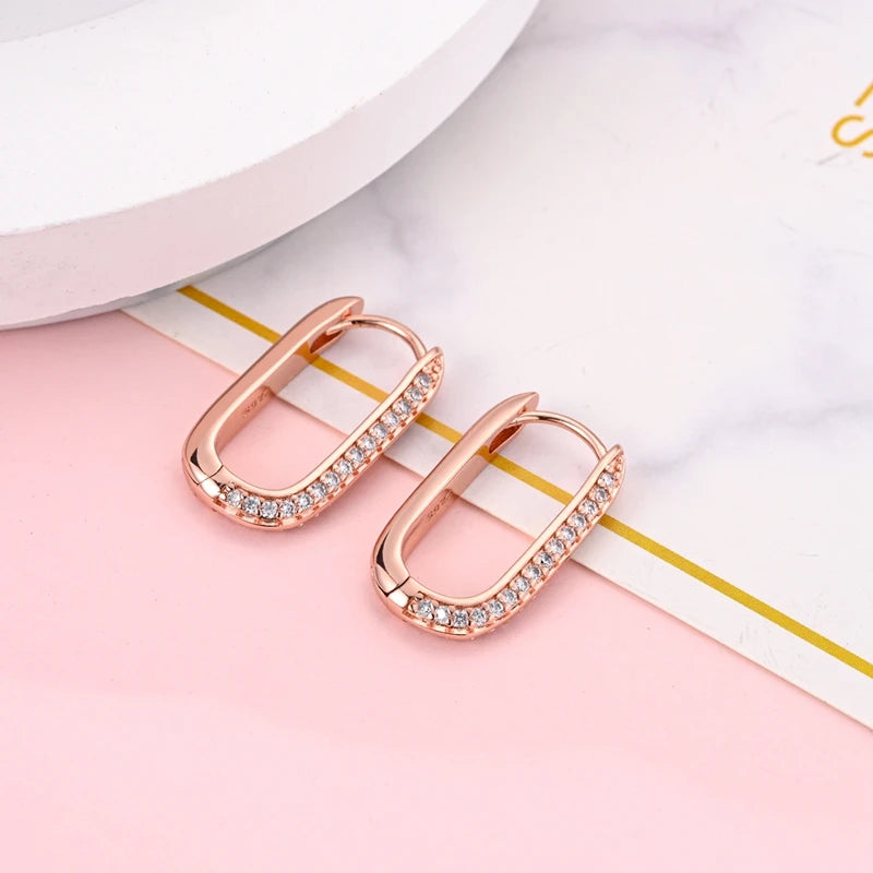 2024 NEW 925 Sterling Silver rectangular Hoop Earrings Inlaid Zircon Golden Earrings For Women Wedding Gift Luxury Jewelry