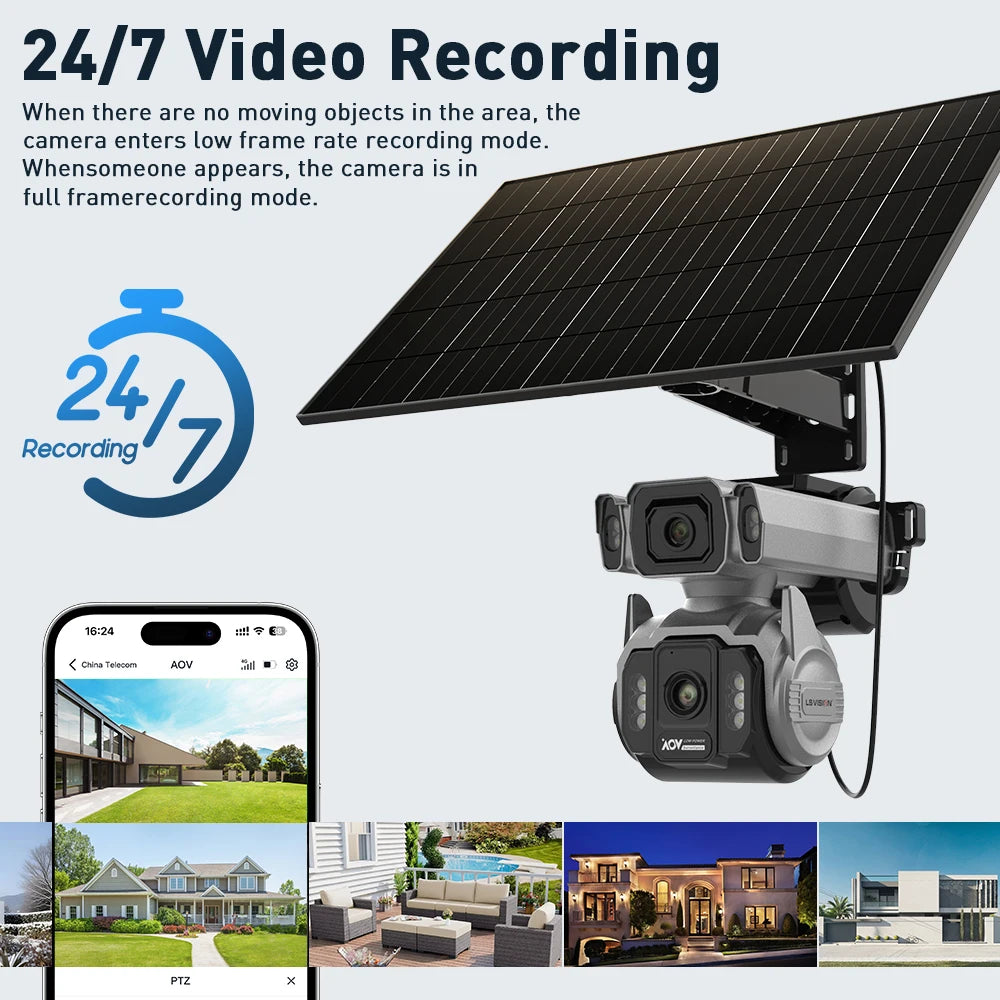 LS VISION Dual Screens 10MP AOV Solar Camera Outdoor 12X Zoom 24/7 Recording 4G SIM Auto Tracking Zoom PTZ Security Cameras CCTV