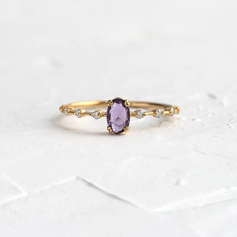 Romantic 18K Gold Plated Purple Crystal Ring for Women - Luxury Fashion Wedding Engagement Jewelry Gift in Sizes 6 7 8