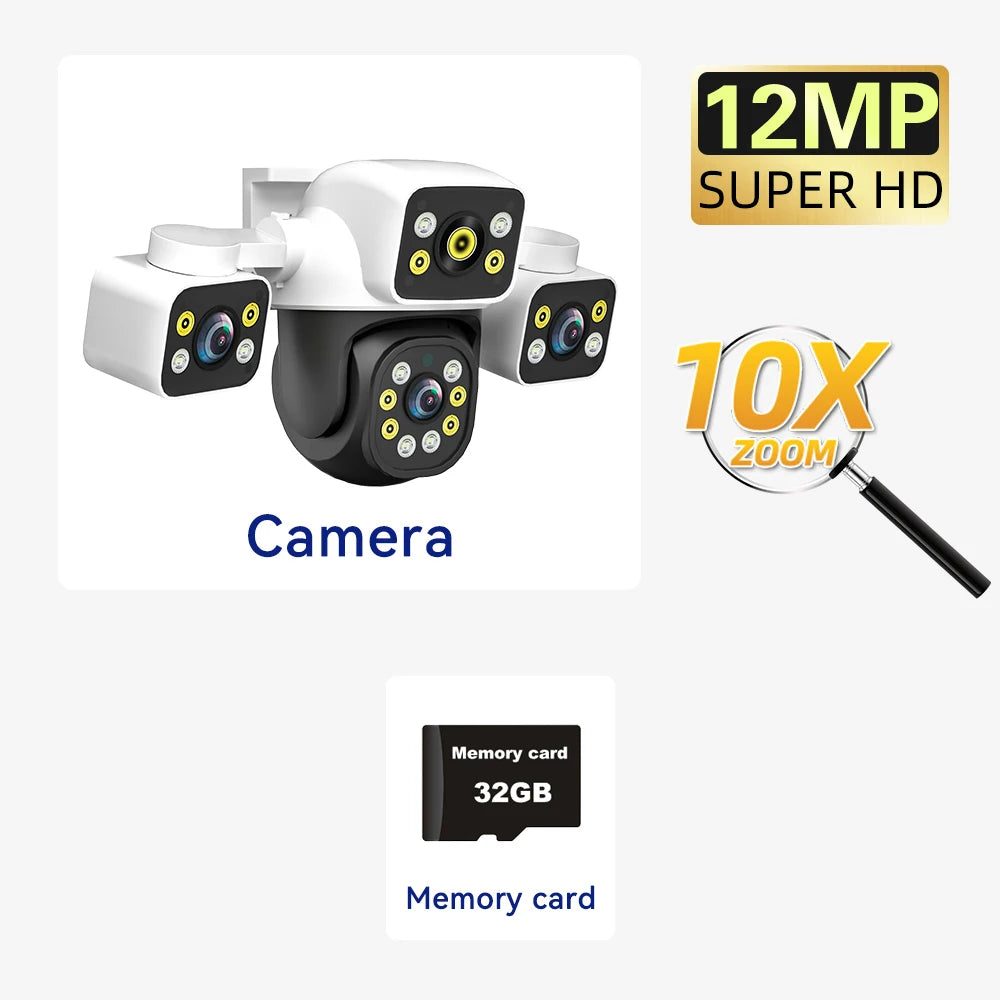 12MP 10X Zoom Outdoor WiFi Camera Three Screen Three Lens PTZ Automatic Tracking Audible Visual Alarm Security Camera