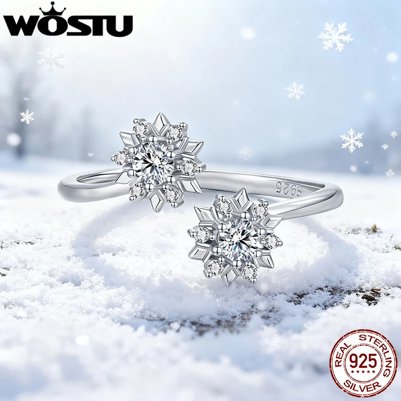 WOSTU 925 Silver Snowflake Ring For Women , Shiny AAA Zircon Double Snow Flower Winter Wedding Xmas Jewelry Gift Party Gift