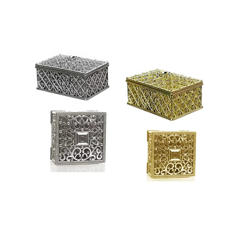 2 PCs Mini Treasure Storage Jewelry Box Silver-color Hollow Flower Pattern Jewelry Case Boxes for Necklace Earring Ring