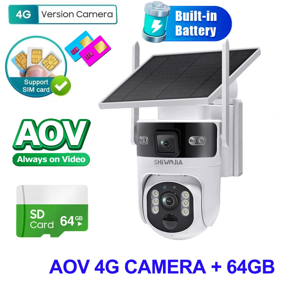 SHIWOJIA 8MP AOV Solar Battery Camera 4G SIM 7/24 Hours Recording Wireless WIFI Security PTZ Camera Dual Lens PIR Night Vision