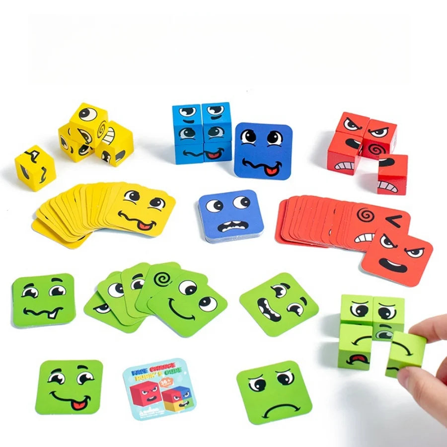 Kids Emotions Expression Game Wooden Cube Face Changing Board Cartoon Puzzle Toy Montessori Thinking Challenge Games
