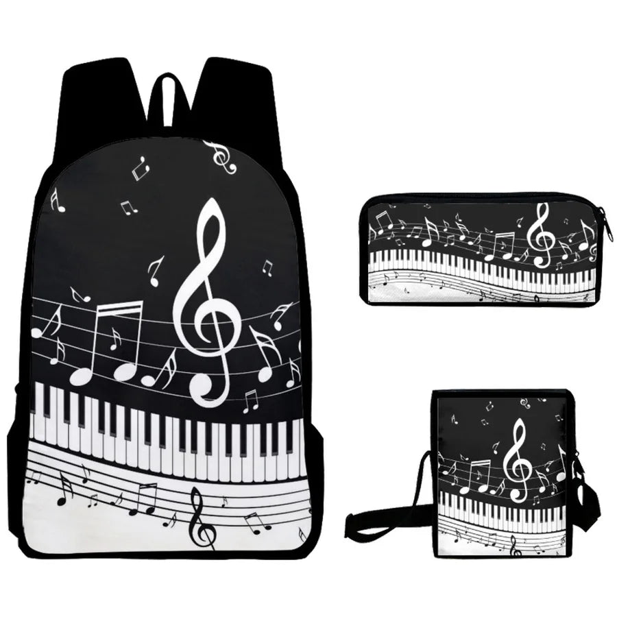 Piano Notes Black and White Pattern Large Capacity Student School Bags for Boys Girls Kids Bookbag Men Casual Shoulder Backpack