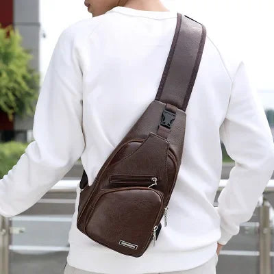 In stock men's chest bag with headphone jack USB shoulder strap