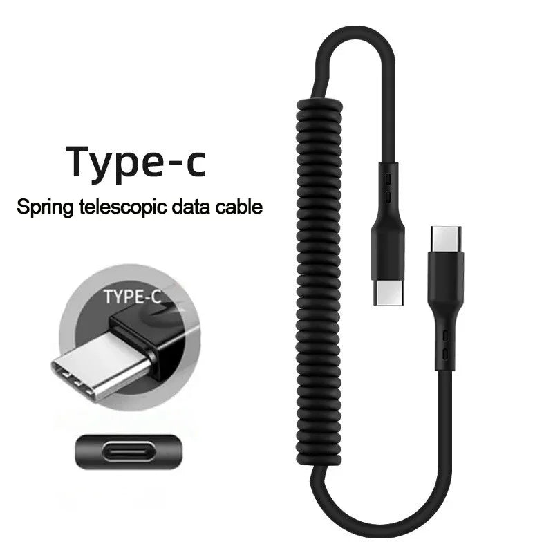 Spring Telescopic Cable For iPhone 15 14 Samsung Xiaomi OnePlusCar USB Type C 66W & LIGHTNING PD Fast Charging Type C to Type C