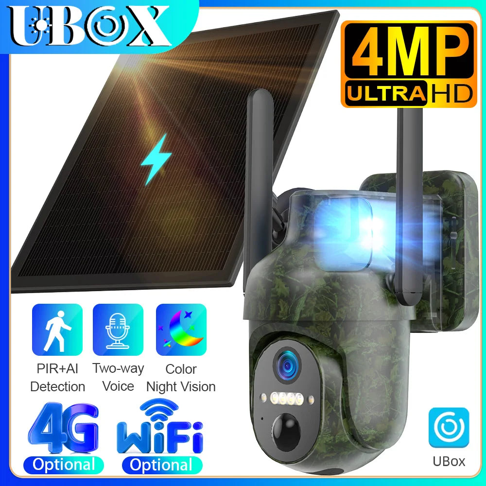 Ubox 4G SIM Outdoor Wildlife Camera 4MP Solar Hunting Trail Camera WiFi Security Camera Auto Tracking Night Vision PIR Detection